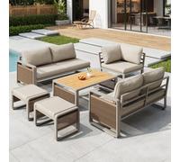 Btm 6-7 Seater Garden Lounge Set, Handwoven Rope Corner Sofa, Iron Frame, Weatherproof, Beige