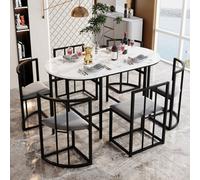 Btm 6 Chair Dining Set, White Table, Gray Cushioned Chairs With Backrests, Black Iron Frame, Modern Dining Room Combo