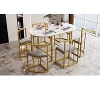 Btm 6-Chair Dining Set, White Table With Gold Frame, Gray Upholstered Chairs, Modern Dining Combo
