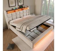 Btm 6Ft Super King Upholstered Storage Bed With Led Lighting Usb Charging Storage Headboard Linen Beige No Mattress