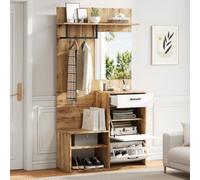 Btm 7 In 1 Coat Rack With Mirror, Shoe Bench, Storage Cabinet, Highgloss, 100X38.5X190Cm, White+Wood