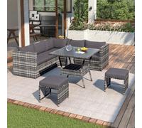 Btm 7 Seater Rattan Garden Corner Sofa Set With Glass Dining Table 5 Piece Pe Rattan Patio Furniture With Cushions Grey