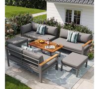 BTM 8 Seater Outdoor Garden Lounge Setspacesaving Lshaped Corner Sofa With Wooden Coffee Table & 2 Stool Table Boxes (Grey)
