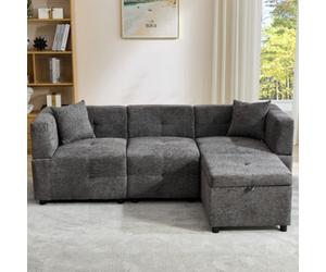 Btm 80 Inch L Shaped Sectional Sofa With Removable Storage Ottoman And 2 Pillows Fabric Sofa For Living Room And Apartment Grey