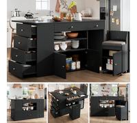 BTM Adjustable Kitchen Island with Bar Stools & 6 Drawers, White/Black in Black BTM Black