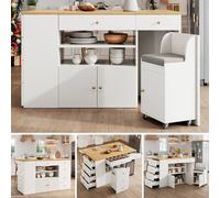 BTM Adjustable Kitchen Island with Bar Stools & 6 Drawers, White/Black in White BTM White