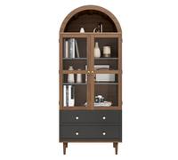 Btm Arched Glass Display Cabinet With Adjustable Shelves, Dark Walnut Wood Grain, Gold Accents, Modern Retro Storage Sideboard