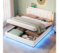 BTM Beige 5ft King LED Hydraulic Bed with Charging & Tufted Headboard BTM Beige