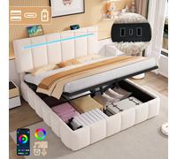 BTM Beige Boucle 4ft6 Double Bed with Hydraulic Storage & LED Headboard BTM Beige