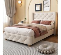 Btm Beige Linen Upholstered Single Bed 90X190Cm 3Ft With Slatted Base Headboard Button Tufting Rivet Trim Wooden Legs