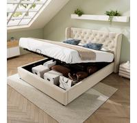 BTM Beige Velvet 135x190cm Upholstered Bed with Hydraulic Storage | Size: 135x190 cm BTM Beige 135x190 cm