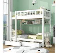 BTM Bunk Bed For Kids, 3Ft Solid Pine Wood Single Bed Frame With Under Bed Slide Drawer Storage, White
