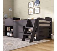 BTM Cabin Mid Sleeper Bed with Drawers & Shelf, 3ft Single, Wooden Frame in Grey BTM Grey