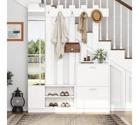 Btm Coat Rack Hall Tree With Shoe Rack, Cabinet, 5 Hooks And Mirror, 5In1 Entryway Stand, 135X25X180Cm White