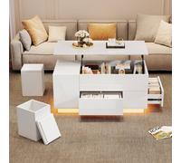 BTM Coffee Table Lift Top LED Storage Drawers Sofa Table with Stools in White BTM White