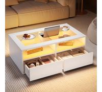 Btm Coffee Table With 2 Drawers, Open Storage And Led, Glass Top Centre Table, 100X50X35Cm, White