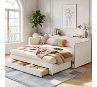 BTM Daybed Sofa Bed Trundle Storage Drawers USB Charging Boucle Beige Pink | Size: Single BTM Beige Single