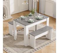 Btm Dining Table Set With 2 Benches, Artificial Marble Top, Space-Saving Kitchen Table, Grey/white