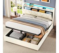 BTM Double Bed Frame with LED Headboard with Charging Station, Concealed Headboard Storage, USB and Type-C Ports, Linen Double Bed with Storage,