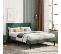 Btm Double Bed Velvet Dark Green 4Ft6 Upholstered Bed With Winged Headboard, Wood Slat Support