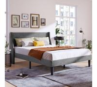 BTM Double Bed Velvet Grey 4Ft6 Upholstered Bed With Winged Headboard, Wood Slat Support