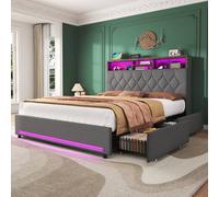 BTM Double Bed with 4 Storage Drawers, RGB LED & Charging Headboard in Grey BTM Grey Double