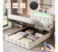 BTM Double Bed with Hydraulic Storage & LED Charging Headboard in Beige BTM Beige