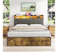 Btm Double Bed With Hydraulic Storage, Rgb Led Headboard, Usb Type C Charging, Easy Assembly, Black+Walnut