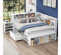 Btm Double Storage Bed 4Ft6 135X190Cm With Drawers Bookcase Cupboard Slatted Base White No Mattress