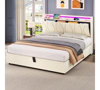 Btm Double Upholstered Bed Frame Hydraulic Storage Led Charging Usb Type C Linen Beige No Box Spring
