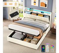 Btm Double Upholstered Bed Frame Hydraulic Storage Led Charging Usb Type C Linen Beige No Box Spring