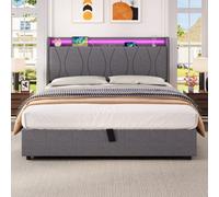 Btm Double Upholstered Bed Frame Hydraulic Storage Led Charging Usb Type C Linen Grey No Box Spring