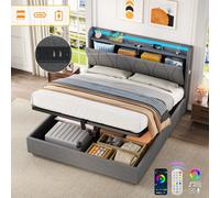 Btm Double Upholstered Bed Frame Hydraulic Storage Led Charging Usb Type C Linen Grey No Box Spring
