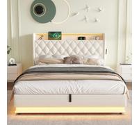 Btm Double Upholstered Bed Frame Hydraulic Storage Linen Ottoman Led Charging Tufted Headboard Usb Beige