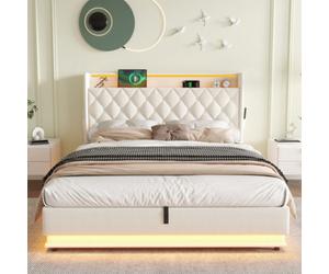 Btm Double Upholstered Bed Frame Hydraulic Storage Linen Ottoman Led Charging Tufted Headboard Usb Beige