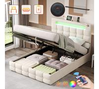 Btm Double Upholstered Bed Frame Hydraulic Storage Velvet Led Charging Tufted Headboard Beige