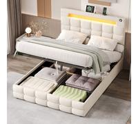 Btm Double Upholstered Bed Frame Hydraulic Storage Velvet Led Charging Tufted Headboard Beige