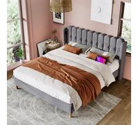 Btm Double Upholstered Bed Usb Type C Charging Linen Frame 4Ft6 135X190Cm Teen Bed Grey No Mattress