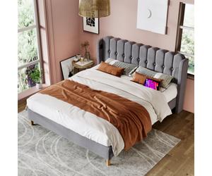 Btm Double Upholstered Bed Usb Type C Charging Linen Frame 4Ft6 135X190Cm Teen Bed Grey No Mattress