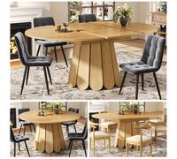 BTM Extendable Dining Table Round to Oval Wooden Kitchen Table for 6 in Natural BTM Natural
