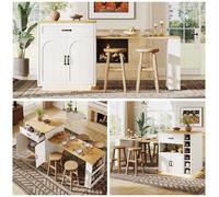 BTM Extendable Kitchen Island with Dining Table Storage Cabinet in White BTM White