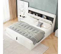 BTM Fashion Upholstered Bed 150X200 5Ft King Bed Hydraulic Concealed Headboard Storage Pu Slats Without Mattress Cream White