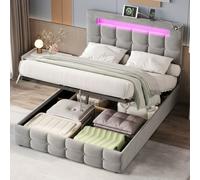 Btm Grey 4Ft6 Double Upholstered Hydraulic Storage Bed With Velvet Ottoman Led Lighting And Usb Charging No Mattress