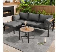 Btm Grey Corner Garden Furniture Set With Sofa, Table, Footstool, Galvanized Steel Frame, Glass Top, Outdoor Use
