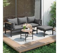 Btm Grey Corner Garden Furniture Set With Sofa, Table, Footstool, Galvanized Steel Frame, Glass Top, Outdoor Use