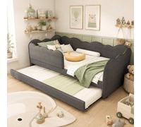Btm Grey Linen 3Ft Single Daybed With Pull Out Trundle Slatted Frame Sofa Bed For Adults And Children 90 X 190 Cm No Mattress