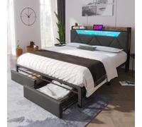 Btm Grey Linen Double Bed With Led Usb Type C Charging Storage Headboard Drawers Metal Frame 135X190Cm No Mattress