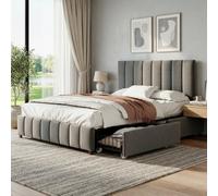 Btm Grey Velvet Double Bed 4Ft6 With Adjustable Channel Headboard And 4 Drawers Metal Wood Support Easy Assembly