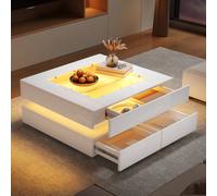 BTM High gloss coffee table with 3 drawers LED glass top white BTM White