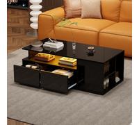 Btm High Gloss Coffee Table With Led, Open Storage And 2 Drawers, Modern Centre Table 100X50X35Cm, Black